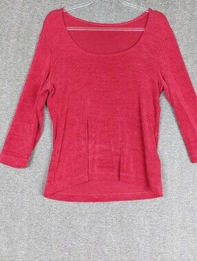 WEEKENDERS WOMENS VTG BRIGHT RED SLINKY LIQUID KNIT 3/4 SLEEVE SCOOP NECK TOP M